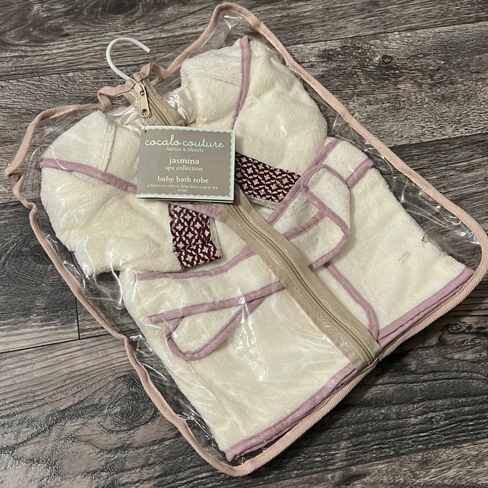 Cocalo couture Jasmina baby hooded bath robe white purple accent new Terry